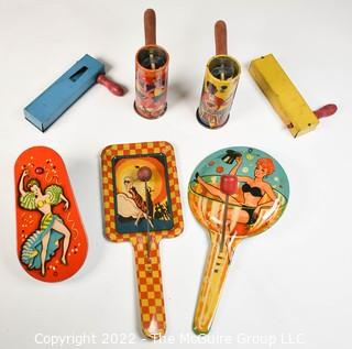 Collection of Vintage Lithograph Tin Party Noise Makers. 
