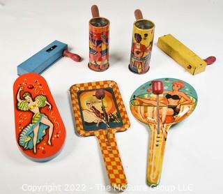 Collection of Vintage Lithograph Tin Party Noise Makers. 
