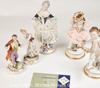 Five (5) Small Germany Porcelain Figurines Including Dresden Lace.  Condition Issues. 