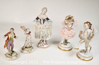 Five (5) Small Germany Porcelain Figurines Including Dresden Lace.  Condition Issues. 