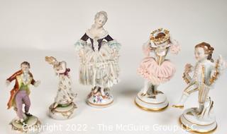 Five (5) Small Germany Porcelain Figurines Including Dresden Lace.  Condition Issues. 