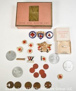 Collection of WWII Medals, Red Cross Pins, Phone Box Tokens, OPA Rations Tokens and Four (4) 1939 Golden Gate International Exposition Union Pacific Aluminium Tokens in Tin Box.