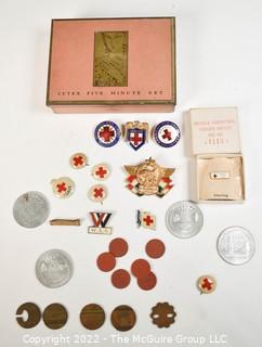 Collection of WWII Medals, Red Cross Pins, Phone Box Tokens, OPA Rations Tokens and Four (4) 1939 Golden Gate International Exposition Union Pacific Aluminium Tokens in Tin Box.