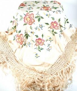 Antique Silk Floral Embroidered with Fringe Piano Scarf Shawl. 
