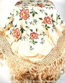 Antique Silk Floral Embroidered with Fringe Piano Scarf Shawl. 
