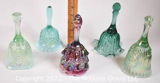 Five (5) Fenton Glass Hand Bells. One purple iridescent Lily of the Valley 