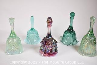 Five (5) Fenton Glass Hand Bells. One purple iridescent Lily of the Valley 