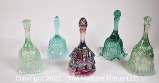 Five (5) Fenton Glass Hand Bells. One purple iridescent Lily of the Valley 