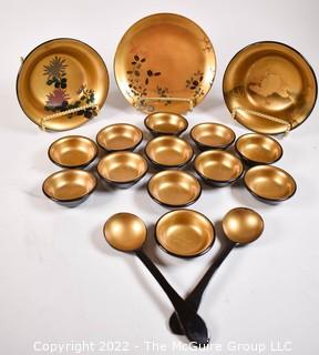 Japanese Lacquerware Hand Painted Sake Cups, Plates and Serving Spoons. 