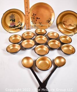 Japanese Lacquerware Hand Painted Sake Cups, Plates and Serving Spoons. 