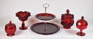 Four (4) Vintage Fenton Ruby Red Glass Pieces Including Tid Bit Tray and Lidded Pedestal Dishes. 