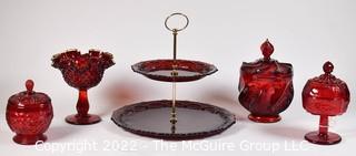 Four (4) Vintage Fenton Ruby Red Glass Pieces Including Tid Bit Tray and Lidded Pedestal Dishes. 