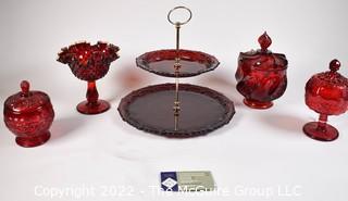 Four (4) Vintage Fenton Ruby Red Glass Pieces Including Tid Bit Tray and Lidded Pedestal Dishes. 