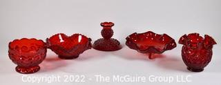 Five (5) Vintage Fenton Ruby Red Glass Bowls and an Candle Holder. 