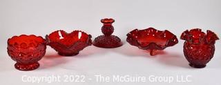 Five (5) Vintage Fenton Ruby Red Glass Bowls and an Candle Holder. 