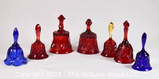 Seven (7) Fenton Glass Hand Bells. Cranberry and Cobalt Blue