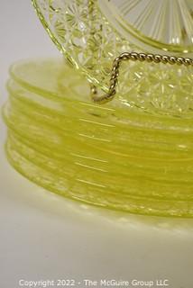 Group of Yellow Daisy Button Fenton Imperial Uranium Vaseline Glass Plates and Creamer and Sugar. 