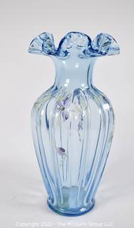 Blue Hand Blown Art Glass Vase with Ruffled Edge Signed and Painted by Artist SF Fisher.  11" tall. 