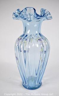 Blue Hand Blown Art Glass Vase with Ruffled Edge Signed and Painted by Artist SF Fisher.  11" tall. 