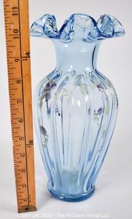 Blue Hand Blown Art Glass Vase with Ruffled Edge Signed and Painted by Artist SF Fisher.  11" tall. 