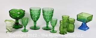 Ten (10) Green Fenton Glass Serving and Decorative Pieces Including Goblets, Tumblers and Two Toned Pedestal Dish.