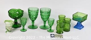 Ten (10) Green Fenton Glass Serving and Decorative Pieces Including Goblets, Tumblers and Two Toned Pedestal Dish.