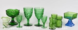 Ten (10) Green Fenton Glass Serving and Decorative Pieces Including Goblets, Tumblers and Two Toned Pedestal Dish.