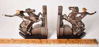 Pair of Bronze Art Deco Female Warrior On Rearing Horse With Spear Bookends, Made in Czechoslovakia 