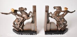 Pair of Bronze Art Deco Female Warrior On Rearing Horse With Spear Bookends, Made in Czechoslovakia 