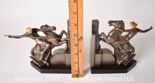 Pair of Bronze Art Deco Female Warrior On Rearing Horse With Spear Bookends, Made in Czechoslovakia 