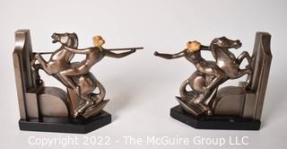 Pair of Bronze Art Deco Female Warrior On Rearing Horse With Spear Bookends, Made in Czechoslovakia 