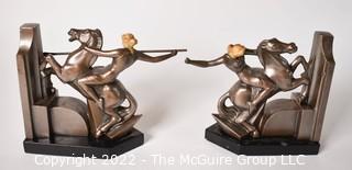 Pair of Bronze Art Deco Female Warrior On Rearing Horse With Spear Bookends, Made in Czechoslovakia 