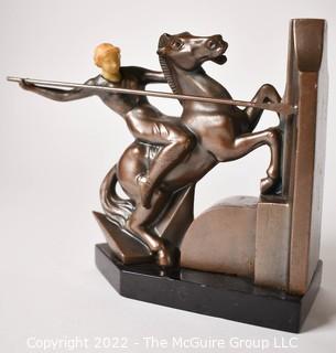 Pair of Bronze Art Deco Female Warrior On Rearing Horse With Spear Bookends, Made in Czechoslovakia 