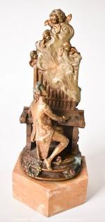 Young Bach Composing on Organ with Cherubs Bookend on Stone Plinth. Measures 10" tall 