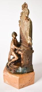 Young Bach Composing on Organ with Cherubs Bookend on Stone Plinth. Measures 10" tall 