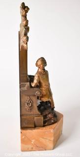 Young Bach Composing on Organ with Cherubs Bookend on Stone Plinth. Measures 10" tall 