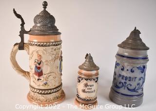 Collection of Three (3) German Steins with Hinged Pewter Lids. 