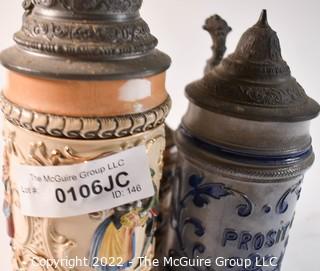 Collection of Three (3) German Steins with Hinged Pewter Lids. 