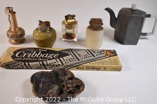 Group of Vintage Table Cigarette Lighters, Cribbage Game and Carved Stone Asian Ashtray. 