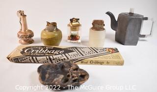 Group of Vintage Table Cigarette Lighters, Cribbage Game and Carved Stone Asian Ashtray. 