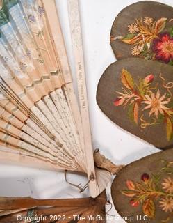 Group of Antique Collectibles Including Needlepoint Square, Silk Embroidered Appliques, Beaded Adornment, Drink Swizzle Stick From The Tropicana, Habana Cuba and Four (4) Ladies Promotional Souvenir Fans with Condition Issues. 