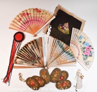 Group of Antique Collectibles Including Needlepoint Square, Silk Embroidered Appliques, Beaded Adornment, Drink Swizzle Stick From The Tropicana, Habana Cuba and Four (4) Ladies Promotional Souvenir Fans with Condition Issues. 