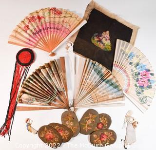 Group of Antique Collectibles Including Needlepoint Square, Silk Embroidered Appliques, Beaded Adornment, Drink Swizzle Stick From The Tropicana, Habana Cuba and Four (4) Ladies Promotional Souvenir Fans with Condition Issues. 