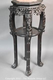 Antique Chinese Carved Rosewood & Marble Octagonal Side Table Plant Stand, Circa 1900's. 33" Tall & 13" Diameter.
