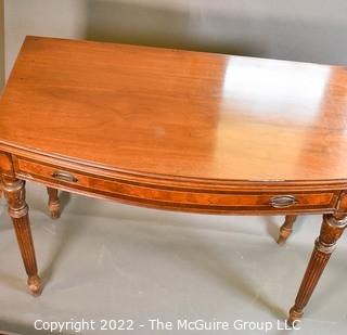 Bookmatched walnut top gateleg gaming table.  Measures 36"W x 31"T x 15.5" (closed) and 31" (open)