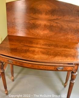 Bookmatched walnut top gateleg gaming table.  Measures 36"W x 31"T x 15.5" (closed) and 31" (open)