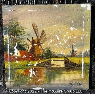 Framed Original Painting of Dutch Landscape on Tile.  Some paint loss. Image measures 3 x 3"; outside measures 5 x 5"