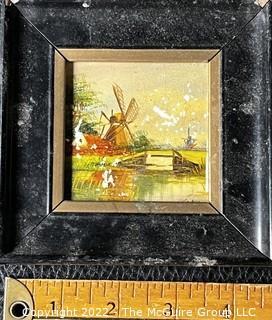 Framed Original Painting of Dutch Landscape on Tile.  Some paint loss. Image measures 3 x 3"; outside measures 5 x 5"