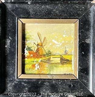 Framed Original Painting of Dutch Landscape on Tile.  Some paint loss. Image measures 3 x 3"; outside measures 5 x 5"