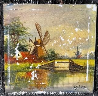 Framed Original Painting of Dutch Landscape on Tile.  Some paint loss. Image measures 3 x 3"; outside measures 5 x 5"